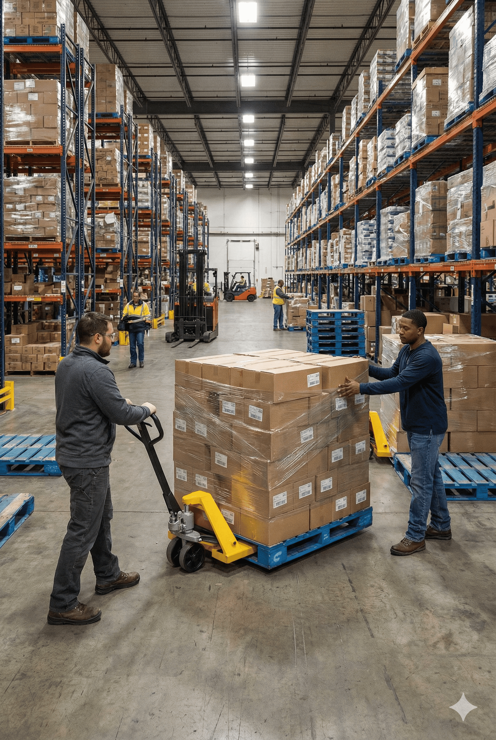 AutoServe Jaipur showcasing reliable material handling solutions with a hand pallet truck used for moving shrink-wrapped carton boxes on pallets inside a large warehouse, ideal for logistics, distribution, and industrial storage operations in Jaipur.
