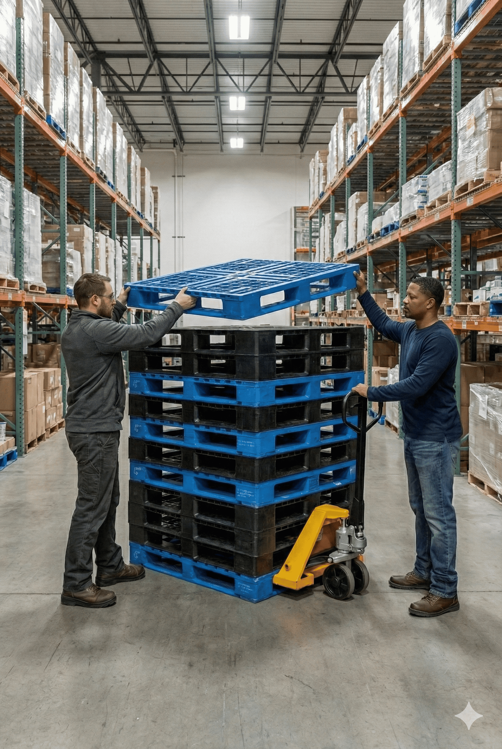 AutoServe Jaipur demonstrating efficient material handling with a hand pallet truck used for stacking and moving plastic pallets in a modern warehouse, ideal for logistics, storage, and industrial operations in Jaipur.
