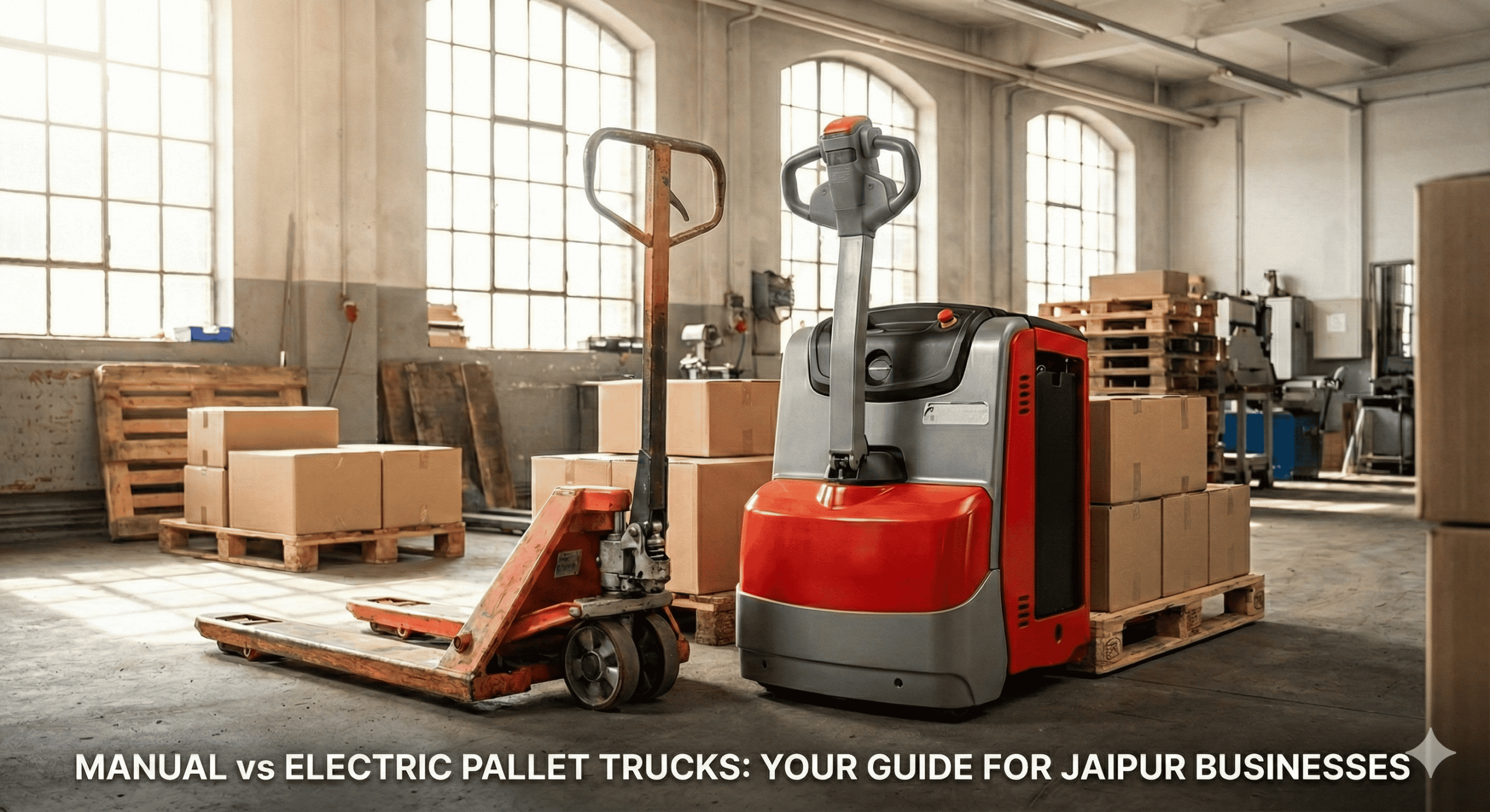 manual hand pallet truck in jaipur and a modern red and grey electric pallet truck are showcased side-by-side in a sunlit warehouse in Jaipur, India. This image illustrates the different material handling equipment options available for businesses in Jaipur, comparing the traditional manual model with the more efficient electric version for moving palletized goods.
