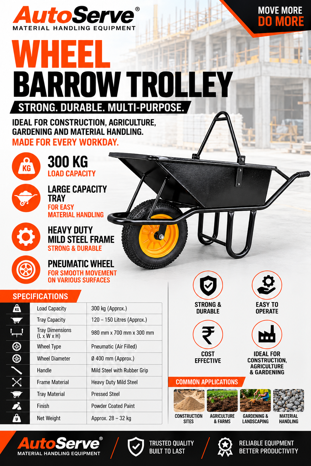 300 kg wheel barrow trolley in Jaipur for construction agriculture gardening and material handling